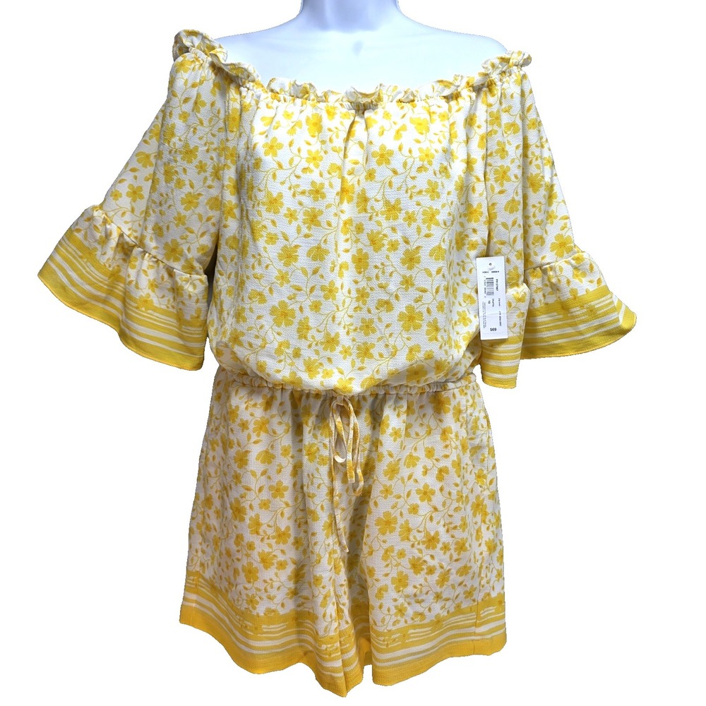 Premier Amour Floral Romper Womens 10 Yellow On Off Shoulder Ruffle Coquette New